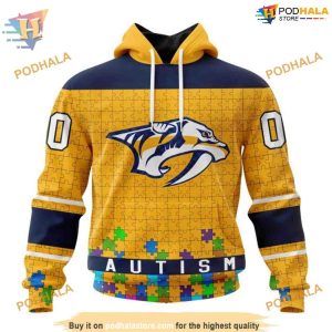 Custom Unisex Hockey Fights Against Autism NHL Nashville Predators Hoodie 3D 1