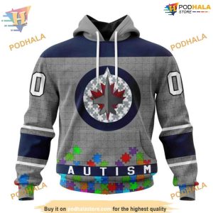 Custom Unisex Hockey Fights Against Autism NHL Winnipeg Jets Hoodie 3D 1