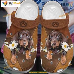 Dachshund Daisy Paws Leather Pattern Crocs, Quality Dog Lover Shoes