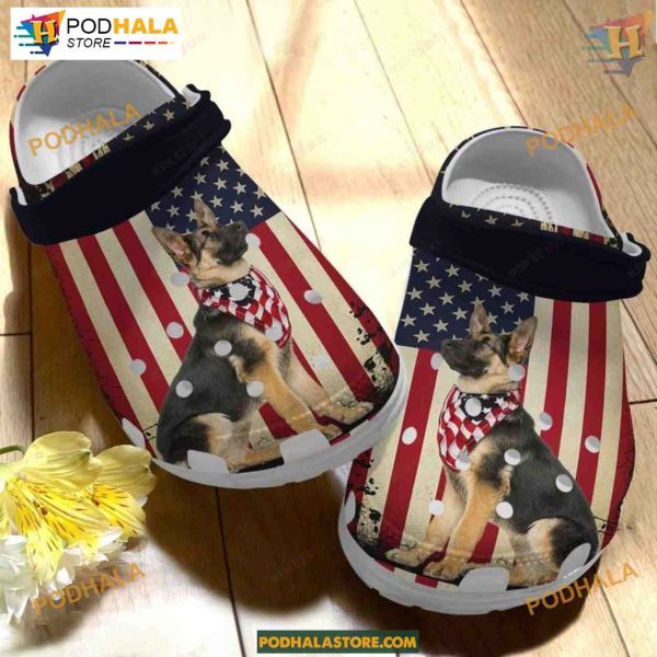 German Shepherd Puppy American Patriot Crocs, Celebratory 4th of July Dog Crocs