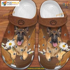German Shepherd Puppy Daisy Flowers Leather Patchwork Dog Lover Crocs