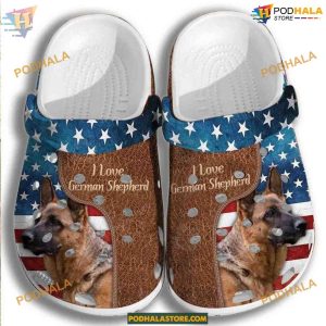 Love German Shepherd USA Flag Crocs, Patriotic 4th of July Dogs Classic Clogs