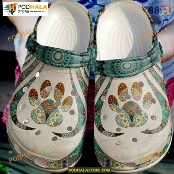 Mandala Dog Paw Print Crocs Clog Shoes, Water-Resistant Dog Footwear
