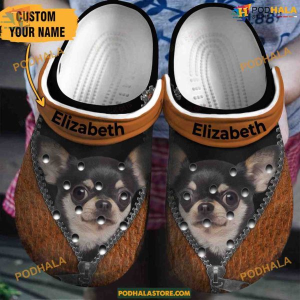 Personalized Brown Zipper Chihuahua Crocs, Unique Dog Clog Shoes