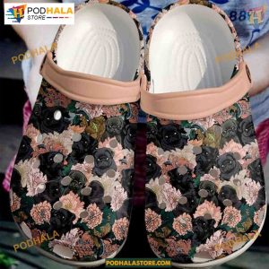 Pug Flowers Garden Clogs, Girls' Black Puppy Dog Crocs, Floral Design