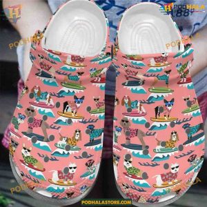 Surfing Dog Pink Colors Crocs, White Sole Design, Dog Lover's Essential Footwear