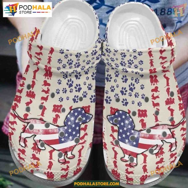 US Flag Dachshund Lover Crocs, Patriotic Water Shoes for Dog Fans