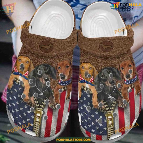 White Sole American Dachshund Crocs, Ideal for Patriotic Dog Lovers