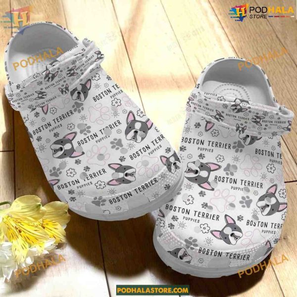 Boston Terrier White Sole Pink Pattern Dog Crocs for Pet Owners