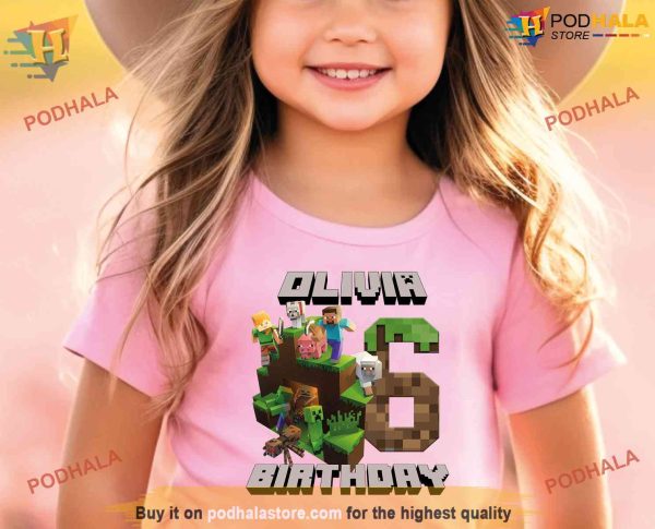 Personalized MineC Birthday Kid Shirt, Custom Name Age Girl Boy Birthday Gift