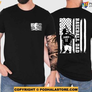Custom Name Baseball Dad Shirt with American Flag, Personalized Baseball Grandpa Shirt
