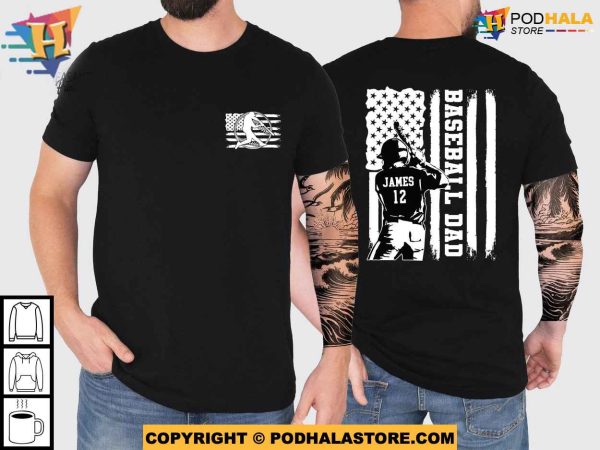 Custom Name Baseball Dad Shirt with American Flag, Personalized Baseball Grandpa Shirt