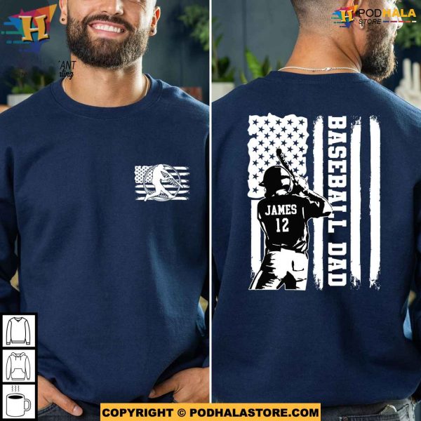 Custom Name Baseball Dad Shirt with American Flag, Personalized Baseball Grandpa Shirt