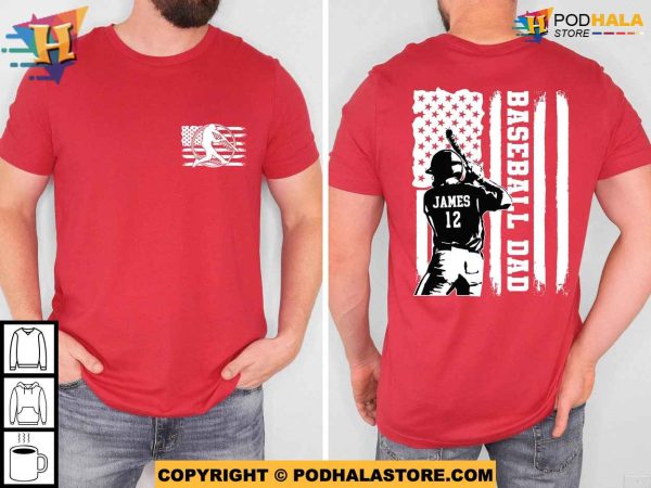 Custom Name Baseball Dad Shirt with American Flag, Personalized Baseball Grandpa Shirt