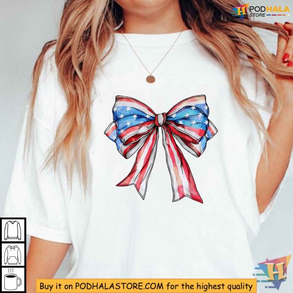 Coquette American Girly American Flag Bow Girls 4th Of July Shirt