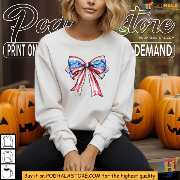 Coquette American Girly American Flag Bow Girls 4th Of July Shirt