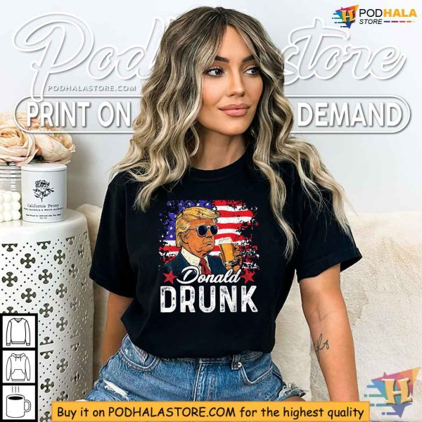 Donald Drunk Trump Drink Beer 4th Of July American Flag Shirt