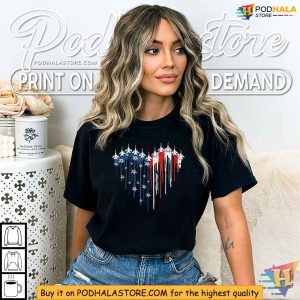 Fighter Jet Airplane American Flag Heart Retro 4th Of July Shirt 2
