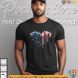 Fighter Jet Airplane American Flag Heart Retro 4th Of July Shirt 4