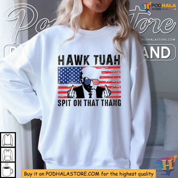 Hawk Tuah Spit On That Thang Trump Middle Finger American Flag Shirt