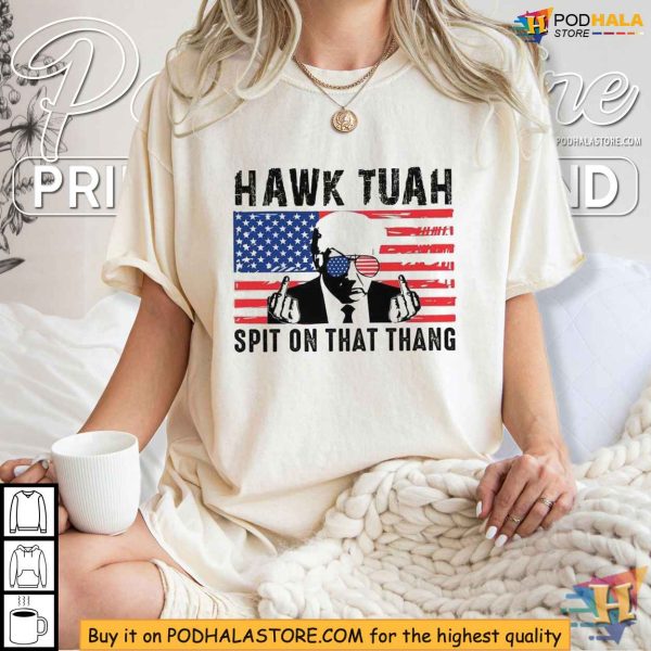 Hawk Tuah Spit On That Thang Trump Middle Finger American Flag Shirt