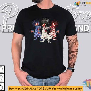 Patriotic Red White Blue T Rex Dinosaur Firework 4th Of July Shirt
