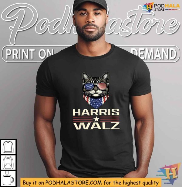 Democratic 2024 Harris Walz T-shirt, American Flag Cat, Election Apparel