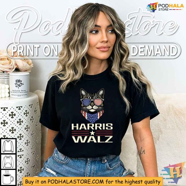 Democratic 2024 Harris Walz T-shirt, American Flag Cat, Election Apparel