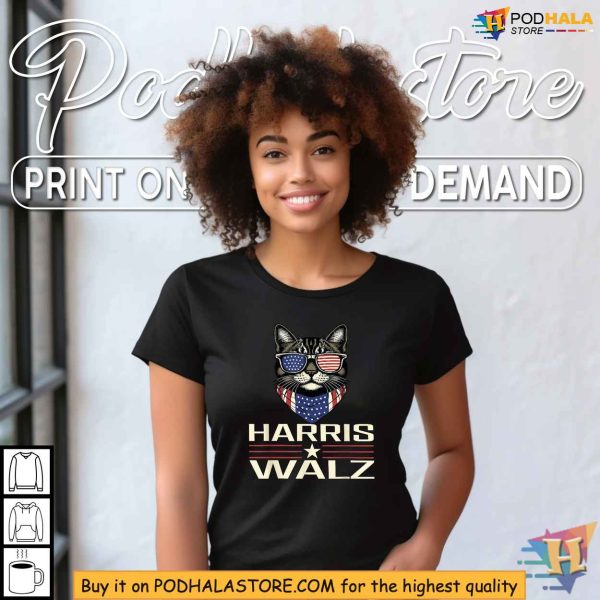Democratic 2024 Harris Walz T-shirt, American Flag Cat, Election Apparel