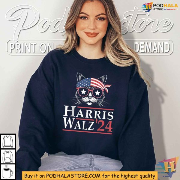 Harris Walz Tshirt, Patriotic Cat Design, Kamala Harris Tim Walz 2024 Apparel