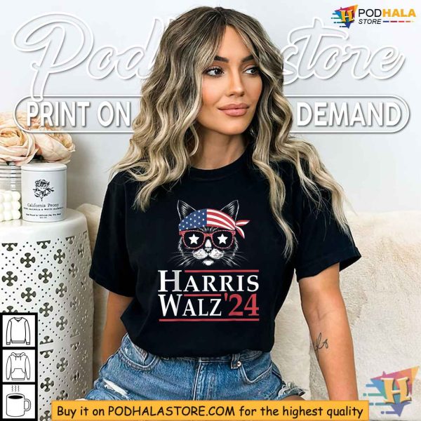 Harris Walz Tshirt, Patriotic Cat Design, Kamala Harris Tim Walz 2024 Apparel
