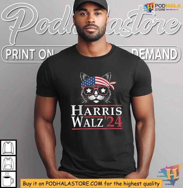 Harris Walz Tshirt, Patriotic Cat Design, Kamala Harris Tim Walz 2024 Apparel