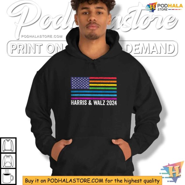 Harris and Walz 2024 Election Shirt, Rainbow Flag Pro-LGBTQ Apparel