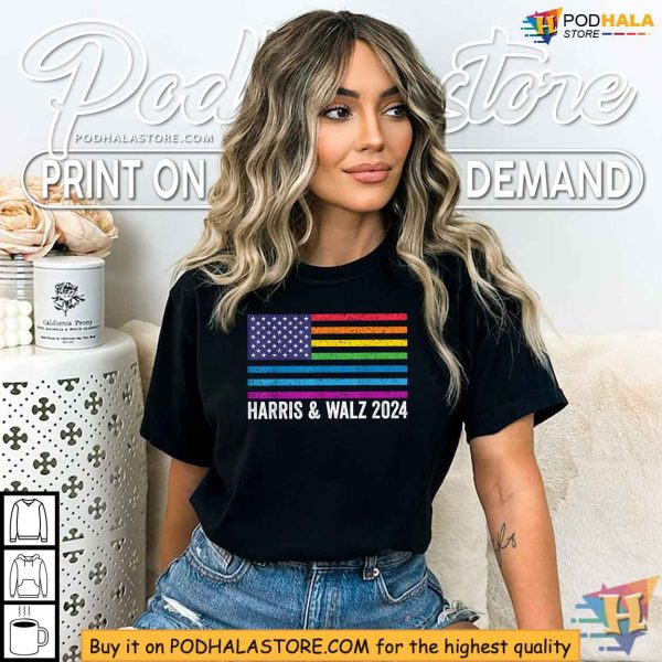 Harris and Walz 2024 Election Shirt, Rainbow Flag Pro-LGBTQ Apparel