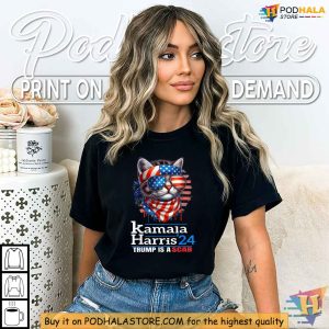 Trump Is A Scab Shirt, Kamala Harris 2024 Patriotic Cat Lady American Flag Shirt