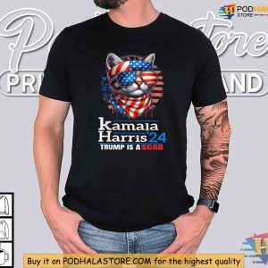 Trump Is A Scab Shirt Kamala Harris 2024 Patriotic Cat Lady American Flag Shirt 3