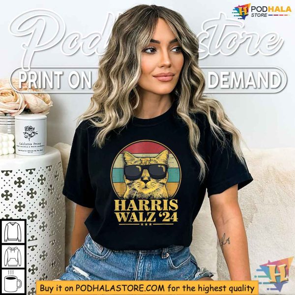 Vintage Harris Walz Tshirt, Kamala Harris Election Apparel For Cat Lovers