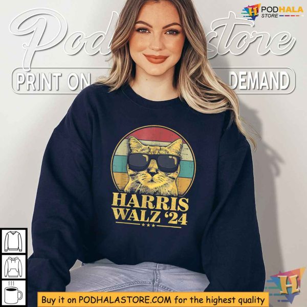 Vintage Harris Walz Tshirt, Kamala Harris Election Apparel For Cat Lovers