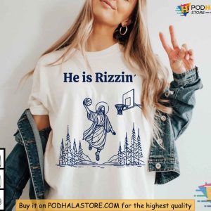 He Is Rizzin Shirt, Retro Christian Humor, Jesus Playing Basketball Tee