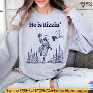 He Is Rizzin Shirt Retro Christian Humor Jesus Playing Basketball Tee 2