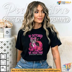In October We Wear Pink Breast Cancer Awareness Shirt, Cute Pink Ribbon Cat Tee