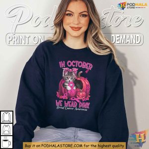 In October We Wear Pink Breast Cancer Awareness Shirt Cute Pink Ribbon Cat Tee 2