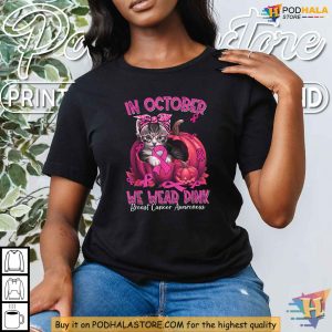In October We Wear Pink Breast Cancer Awareness Shirt Cute Pink Ribbon Cat Tee 3