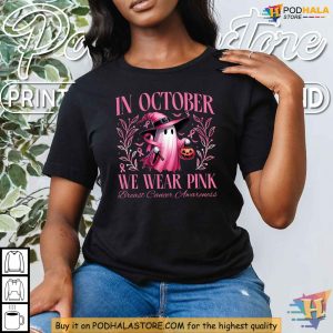 In October We Wear Pink Shirt Breast Cancer Awareness Witch Ghost Halloween Tee 2