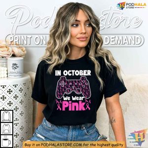 October Breast Cancer Awareness Shirt, Gaming Pink Ribbon Kids Youth Tee