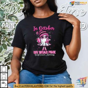 October We Wear Pink Breast Cancer Awareness Shirt Cute Ghost Halloween Tee 2