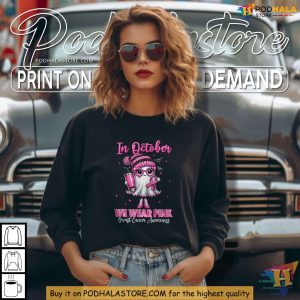 October We Wear Pink Breast Cancer Awareness Shirt Cute Ghost Halloween Tee 3