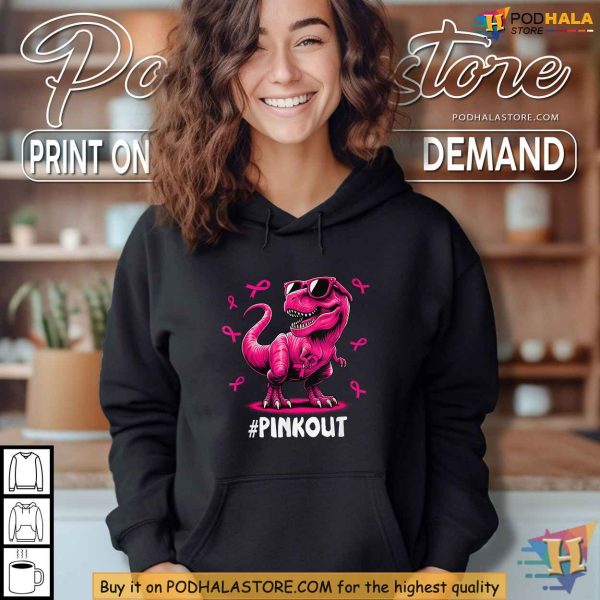 Pink Out Breast Cancer Awareness Shirt, Cool Dinosaur Ribbon Tee for Kids