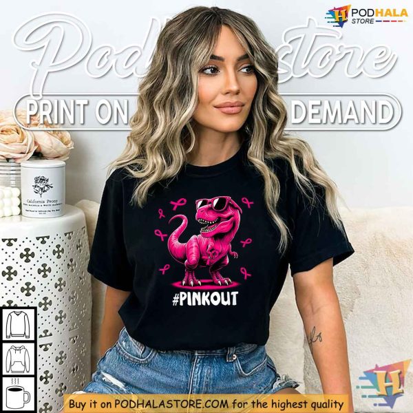Pink Out Breast Cancer Awareness Shirt, Cool Dinosaur Ribbon Tee for Kids