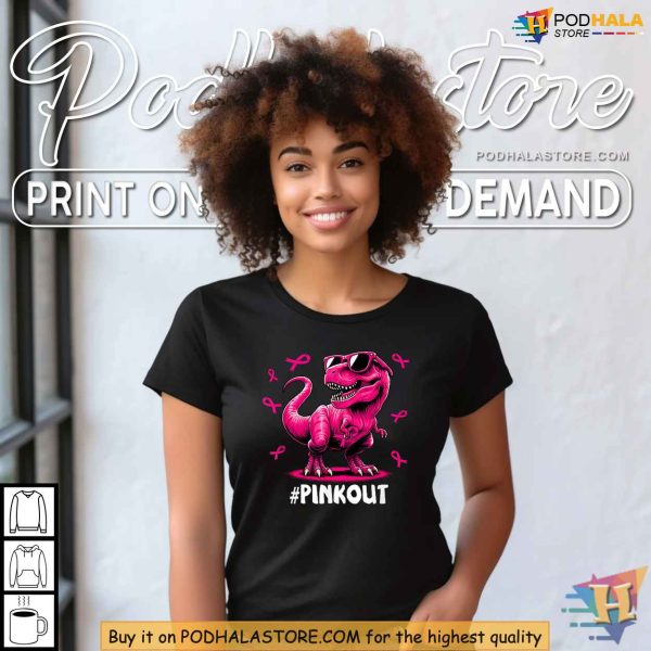 Pink Out Breast Cancer Awareness Shirt, Cool Dinosaur Ribbon Tee for Kids